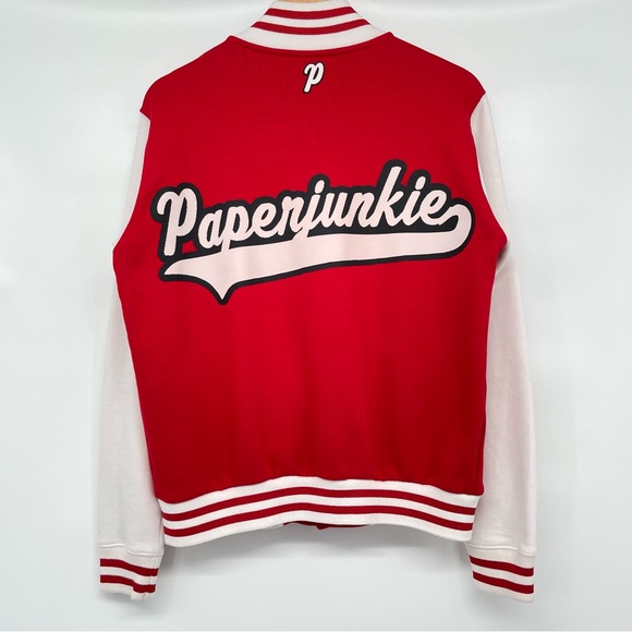 Paperjunkie Varsity Letterman Jacket Men Medium White Red Unisex - Picture 2 of 13